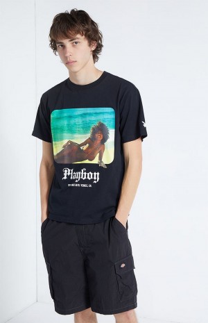 Black Men's Playboy Beachfront T-shirts | PLBY-593271
