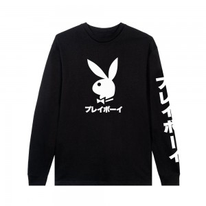 Black Men's Playboy Japanese Rabbit Head Long Sleeve T-shirts | PLBY-593184