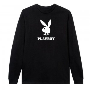 Black Men's Playboy Logo Long Sleeve T-shirts | PLBY-593148