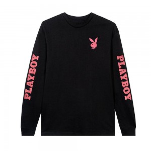Black Men's Playboy Masthead & Rabbit Head Long Sleeve T-shirts | PLBY-593264
