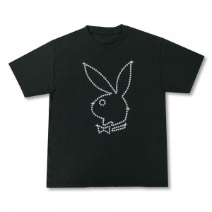 Black Men's Playboy Rabbit Head Beads T-shirts | PLBY-593197