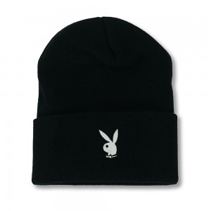 Black Men's Playboy Rabbit Head Cuffed Knit Beanie Hats | PLBY-592939