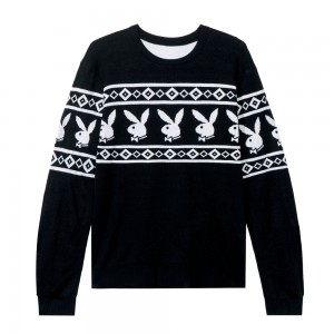 Black Men's Playboy Rabbit Head Knit Crewnecks | PLBY-593062
