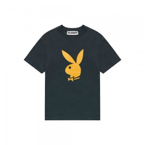 Black Men's Playboy Rabbit Head Sleeve T-shirts | PLBY-593227