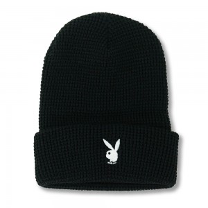 Black Men's Playboy Rabbit Head Waffle Cuffed Beanie Hats | PLBY-592937
