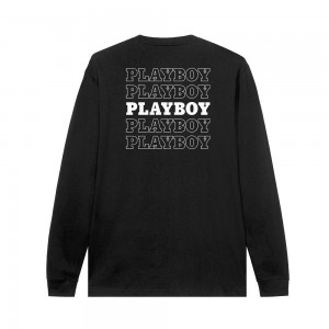 Black Men's Playboy Repeating Masthead Long Sleeve T-shirts | PLBY-593149