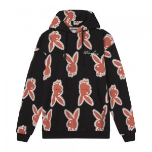 Black Men's Playboy Repeating Rabbit Head Logo Hoodies | PLBY-593067
