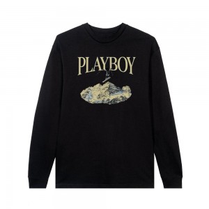 Black Men's Playboy Ski Long Sleeve feat. Holly Cook from Girls of Winter 1984 T-shirts | PLBY-593176