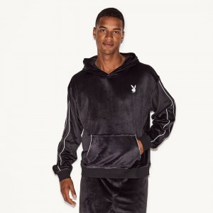 Black Men's Playboy Velour Hoodies | PLBY-593059
