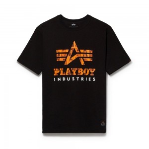 Black Men's Playboy x Alpha Industries Classic T-shirts | PLBY-593216