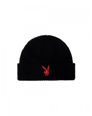 Black Red Men's Playboy Rabbit Head Knit Beanie With Bunny Hats | PLBY-592938
