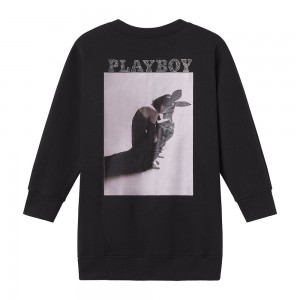 Black Women's Playboy Bright Bunny Denim Crewnecks | PLBY-592866