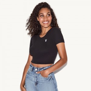 Black Women's Playboy Flower Power Seamless T-shirts | PLBY-592908