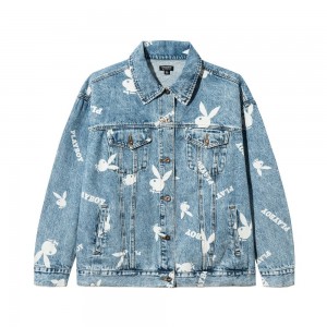 Blue Men's Playboy Bunny Denim Jackets | PLBY-593074