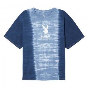 Cloudy Blue Men's Playboy Logo Vertical Tie-Dye T-shirts | PLBY-593185