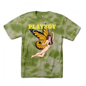 Green Men's Playboy Tokyo Club Butterfly Tie-Dye T-shirts | PLBY-593203