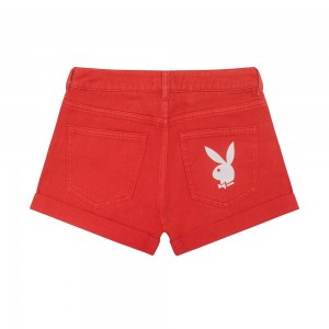 Light Blue Red Women's Playboy Houndstooth High Waisted Mini Shorts | PLBY-592803