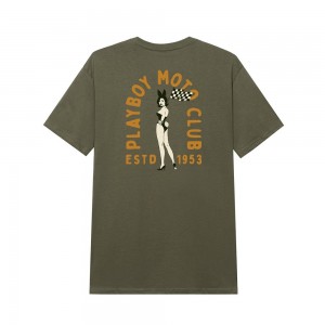Olive Men's Playboy Moto Club T-shirts | PLBY-593247