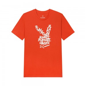 Orange Men's Playboy Graffiti Rabbit Head Orange T-shirts | PLBY-593236