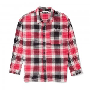 Red Men's Playboy Script Flannel T-shirts | PLBY-593204