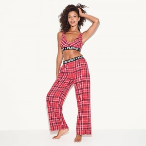 Red Plaid Women's Playboy Club Brief Joggers | PLBY-592746