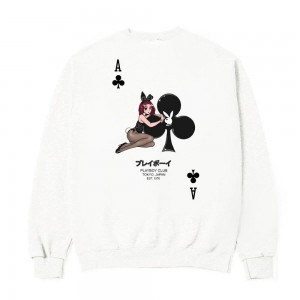 White Men's Playboy Ace of Club Crewnecks | PLBY-593015