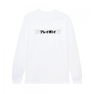 White Men's Playboy Japanese Masthead Long Sleeve T-shirts | PLBY-593155