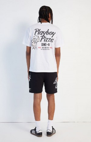 White Men's Playboy Pizza T-shirts | PLBY-593127