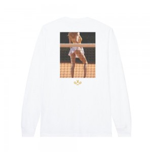 White Men's Playboy Racquet Club Long Sleeve T-shirts | PLBY-593178