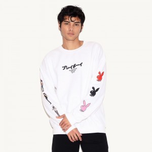 White Men's Playboy Tokyo Club Bunny Long Sleeve T-shirts | PLBY-593152