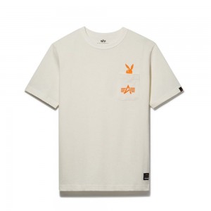 White Men's Playboy x Alpha Industries Play Forever Pocket T-shirts | PLBY-593217