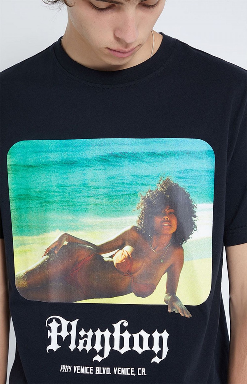 Black Men's Playboy Beachfront T-shirts | PLBY-593271