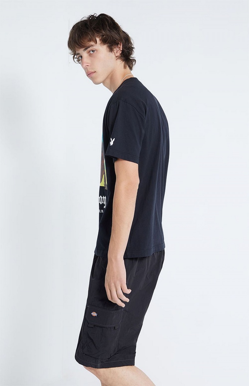 Black Men's Playboy Beachfront T-shirts | PLBY-593271