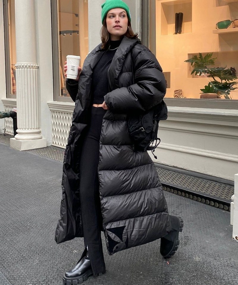 Black Men's Playboy Belted Long Puffer Jackets | PLBY-593065