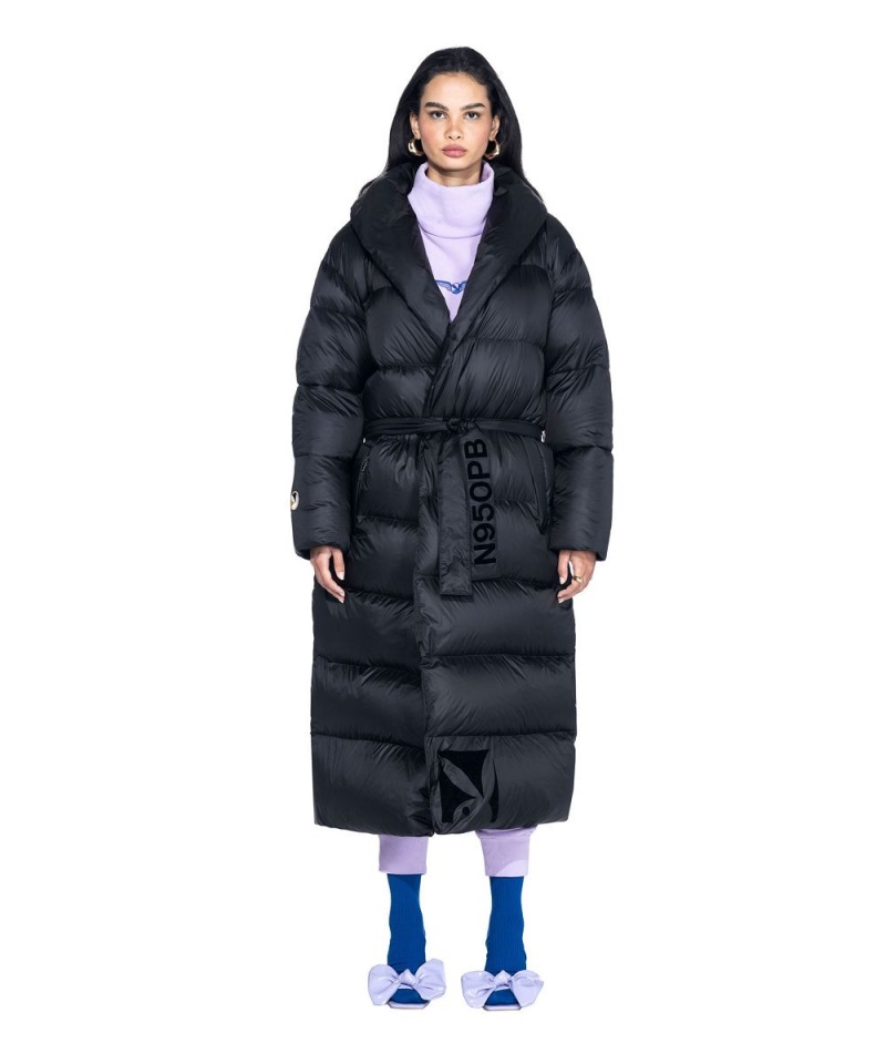 Black Men's Playboy Belted Long Puffer Jackets | PLBY-593065