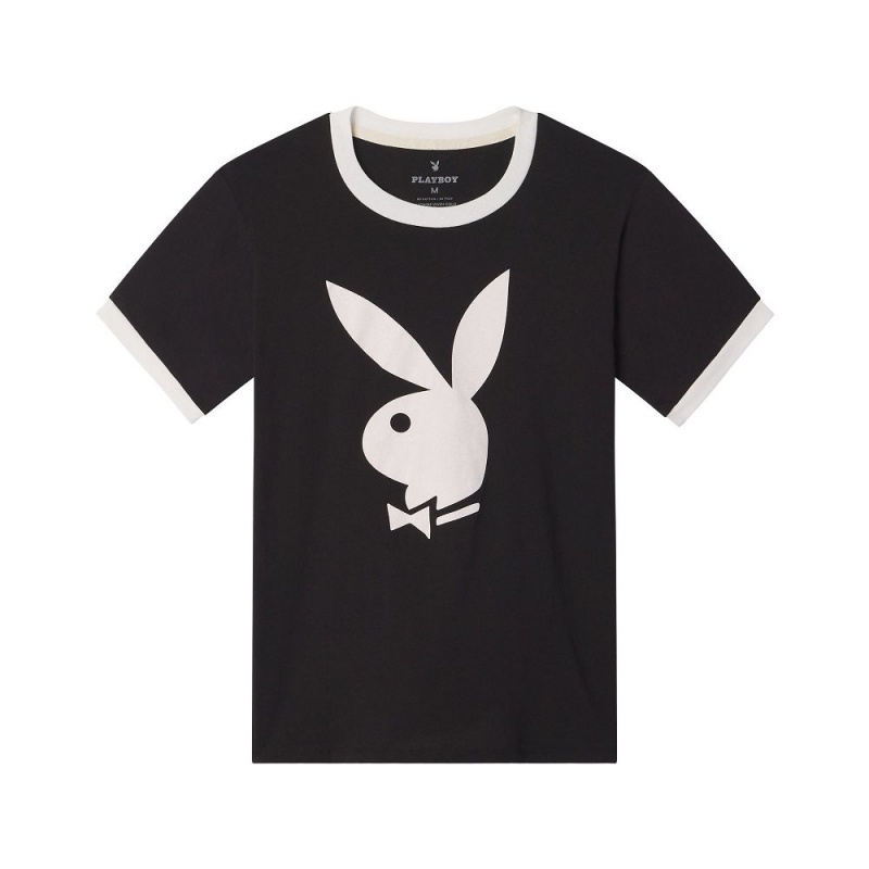 Black Men's Playboy Classic Ringer T-shirts | PLBY-593186