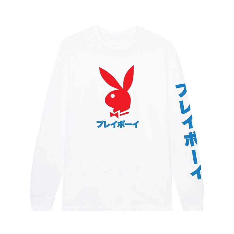 Black Men's Playboy Japanese Rabbit Head Long Sleeve T-shirts | PLBY-593184