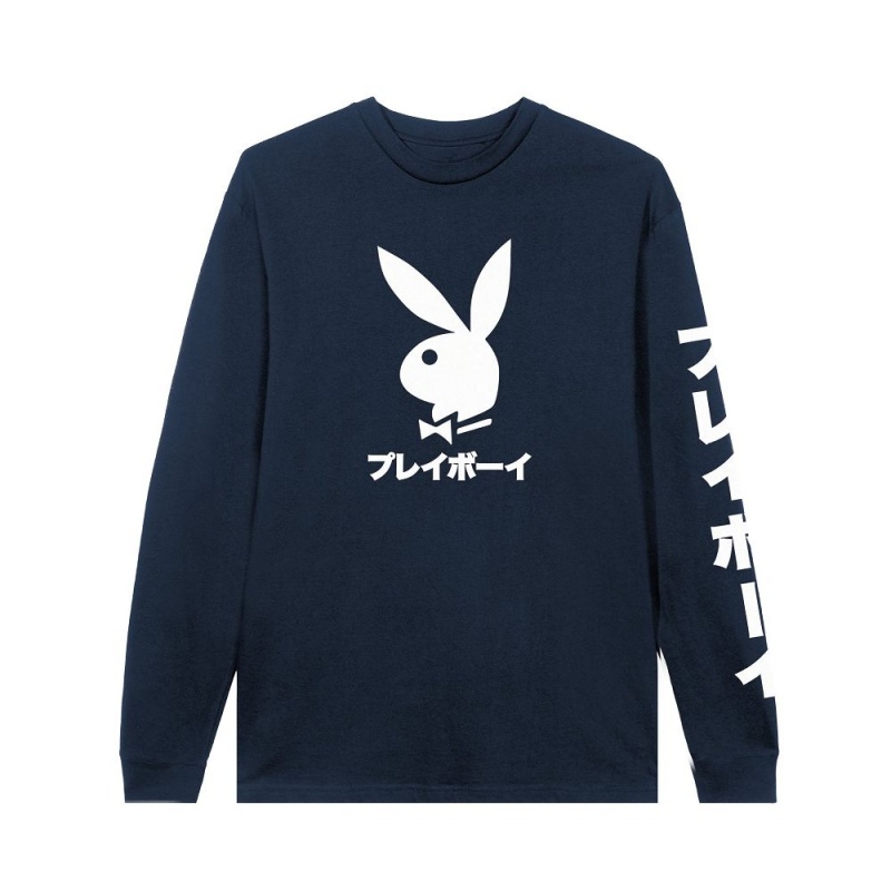 Black Men's Playboy Japanese Rabbit Head Long Sleeve T-shirts | PLBY-593184