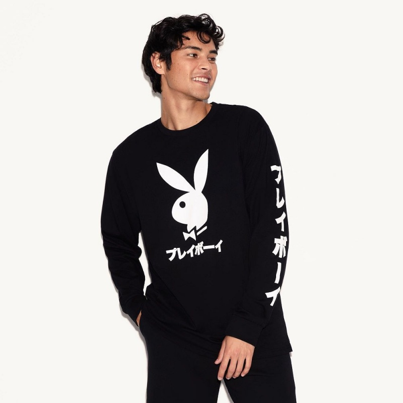 Black Men's Playboy Japanese Rabbit Head Long Sleeve T-shirts | PLBY-593184
