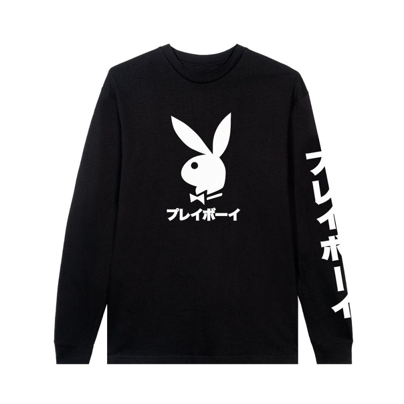 Black Men\'s Playboy Japanese Rabbit Head Long Sleeve T-shirts | PLBY-593184