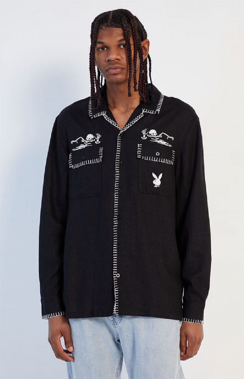 Black Men's Playboy Locals Only Long Sleeve T-shirts | PLBY-593201