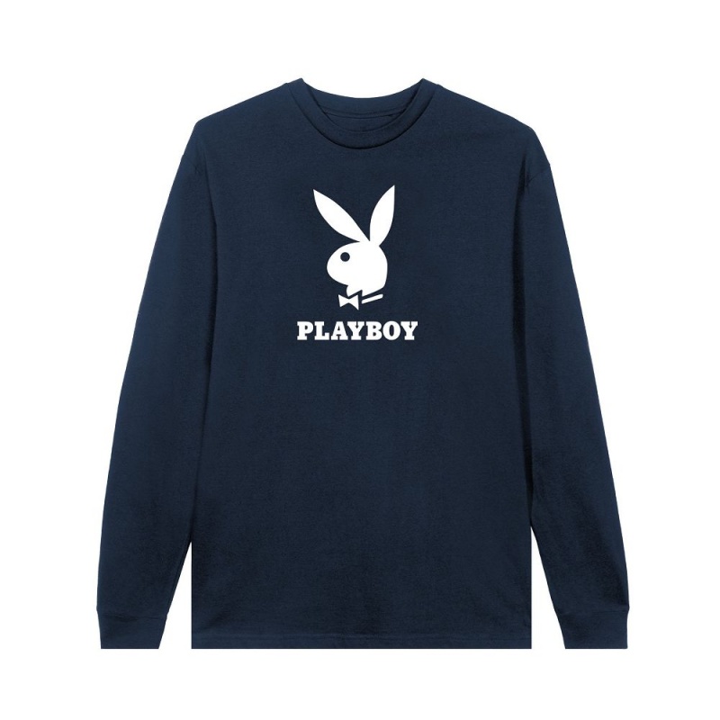 Black Men's Playboy Logo Long Sleeve T-shirts | PLBY-593148