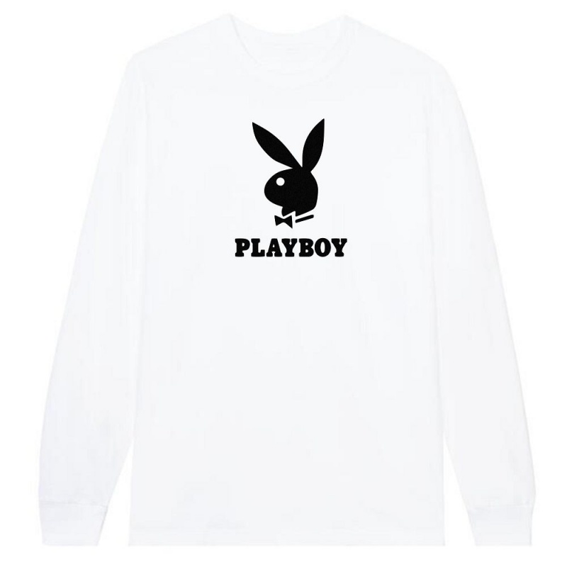 Black Men's Playboy Logo Long Sleeve T-shirts | PLBY-593148