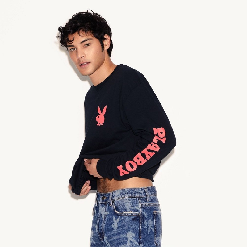Black Men's Playboy Masthead & Rabbit Head Long Sleeve T-shirts | PLBY-593264