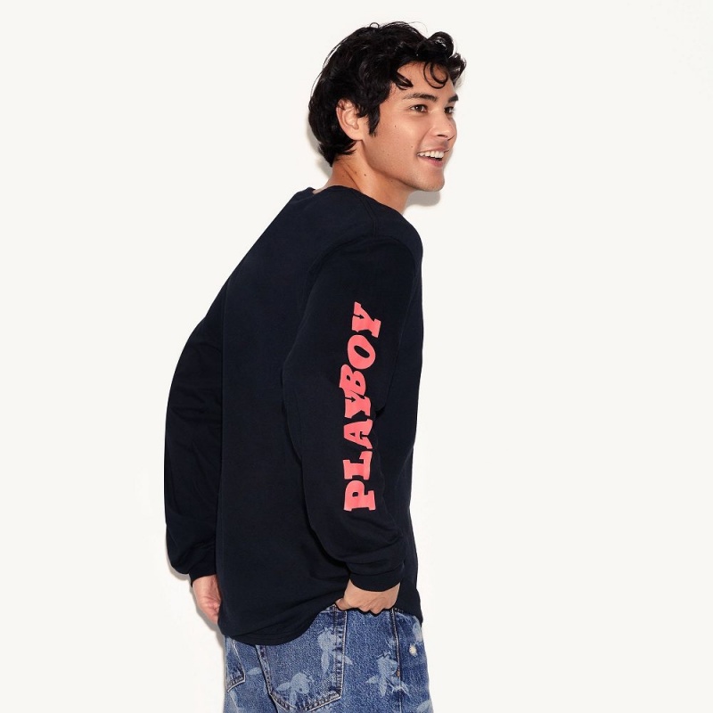 Black Men's Playboy Masthead & Rabbit Head Long Sleeve T-shirts | PLBY-593264