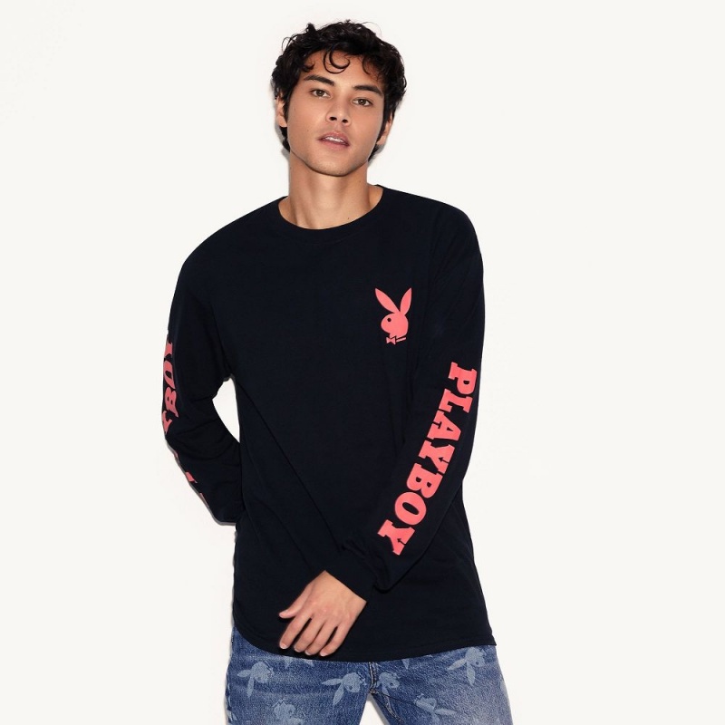 Black Men's Playboy Masthead & Rabbit Head Long Sleeve T-shirts | PLBY-593264