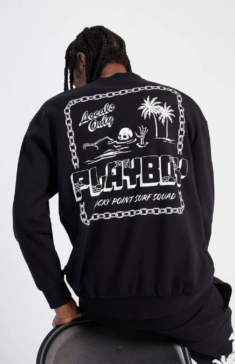 Black Men's Playboy PB Rocky Point Crewnecks | PLBY-593018