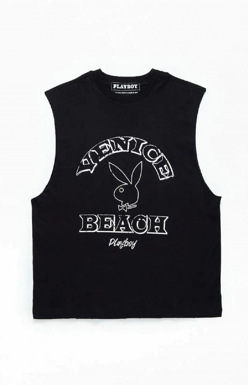 Black Men\'s Playboy PB VENICE BEACH MUSCLE T-shirts | PLBY-593134