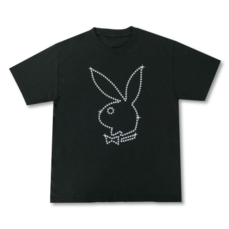 Black Men\'s Playboy Rabbit Head Beads T-shirts | PLBY-593197