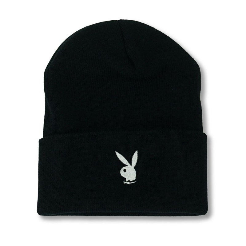 Black Men\'s Playboy Rabbit Head Cuffed Knit Beanie Hats | PLBY-592939